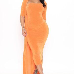 NWT- Fashion Nova- Feeling Today Slinky Midi Dress Set - Orange- Small